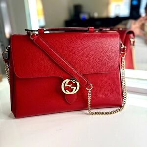 Gucci Red Leather Satchel with Gold Chain